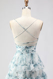 Blue A Line Tiered Ruffle Print Floral Long Ball Dress with Slit