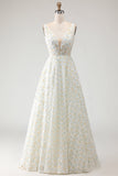 White Yellow Floral A Line V Neck Open Back Long Prom Dress with 3D Flowers