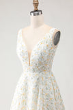White Yellow Floral A Line V Neck Open Back Long Prom Dress with 3D Flowers