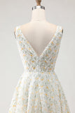 White Yellow Floral A Line V Neck Open Back Long Prom Dress with 3D Flowers
