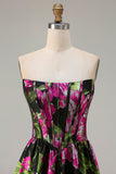 Strapless Black A Line Corset Print Floral Long Ball Dress