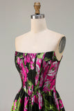 Strapless Black A Line Corset Print Floral Long Ball Dress
