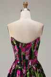 Strapless Black A Line Corset Print Floral Long Ball Dress