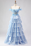 Light Blue A Line Off the Shoulder Appliqued Corset Tiered Ruffle Long Ball Dress