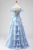 Light Blue A Line Off the Shoulder Appliqued Corset Tiered Ruffle Long Ball Dress