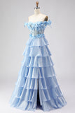 Light Blue A Line Off the Shoulder Appliqued Corset Tiered Ruffle Long Ball Dress