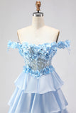 Light Blue A Line Off the Shoulder Appliqued Corset Tiered Ruffle Long Ball Dress