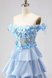 Light Blue A Line Off the Shoulder Appliqued Corset Tiered Ruffle Long Ball Dress