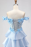 Light Blue A Line Off the Shoulder Appliqued Corset Tiered Ruffle Long Ball Dress