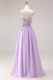 Lilac Appliqued Strapless A Line Corset Long Ball Dress