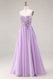 Lilac Appliqued Strapless A Line Corset Long Ball Dress