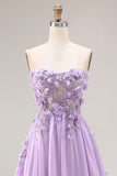 Lilac Appliqued Strapless A Line Corset Long Ball Dress