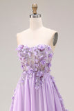 Lilac Appliqued Strapless A Line Corset Long Ball Dress