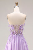 Lilac Appliqued Strapless A Line Corset Long Ball Dress