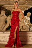 Sparkly Red Mermaid Strapless Sequin Long Ball Dress with Slit