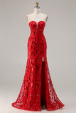 Sparkly Red Strapless Mermaid Sequin Long Ball Dress with Slit
