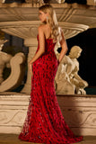 Sparkly Red Mermaid Strapless Sequin Long Ball Dress with Slit