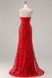 Sparkly Red Strapless Mermaid Sequin Long Ball Dress with Slit