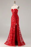 Sparkly Red Strapless Mermaid Sequin Long Ball Dress with Slit