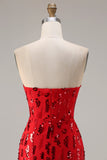Sparkly Red Strapless Mermaid Sequin Long Ball Dress with Slit