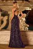 Sparkly Halter Grape Mermaid Backless Sequin Long Ball Dress with Slit