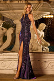 Sparkly Halter Grape Mermaid Backless Sequin Long Ball Dress with Slit