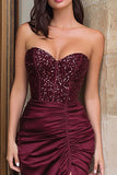 Burgundy Sequins Mermaid Sweetheart Corset Ruched Long Prom Dress With Slit