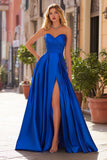 Royal Blue A-Line Pleated Sweetheart Satin Long Prom Dress with Slit