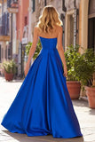Royal Blue A-Line Pleated Sweetheart Satin Long Prom Dress with Slit