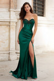 Dark Green Mermaid Sweetheart Appliqued Long Satin Prom Dress with Slit