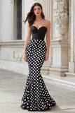 Sweetheart Black White Dot Mermaid Satin Long Prom Dress