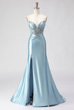 Dusty Blue Mermaid Beaded Corset Sequins Long Prom Dress with Slit