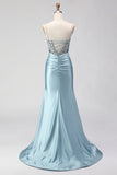 Dusty Blue Mermaid Beaded Corset Sequins Long Prom Dress with Slit