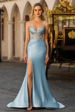 Dusty Blue Mermaid Beaded Corset Sequins Long Prom Dress with Slit