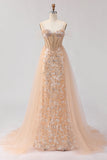 Sparkly Champagne Mermaid Corset Sequin Long Ball Dress with Beading