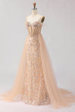 Sparkly Champagne Mermaid Corset Sequin Long Ball Dress with Beading