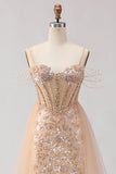 Sparkly Champagne Mermaid Corset Sequin Long Ball Dress with Beading