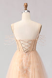 Sparkly Champagne Mermaid Corset Sequin Long Ball Dress with Beading