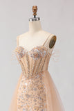 Sparkly Champagne Mermaid Corset Sequin Long Ball Dress with Beading