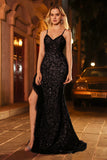 Sparkly Black Sequin Mermaid Corset Beaded Long Prom Dress with Ruffle Slit