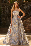 Strapless Dusty Blue Corset A Line Floral Brocade Long Ball Dress with Slit