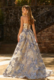Strapless Dusty Blue Corset A Line Floral Brocade Long Ball Dress with Slit
