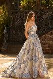 Strapless Dusty Blue Corset A Line Floral Brocade Long Ball Dress with Slit