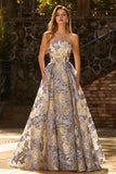Strapless Dusty Blue Corset A Line Floral Brocade Long Ball Dress with Slit