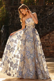 Strapless Dusty Blue Corset A Line Floral Brocade Long Ball Dress with Slit