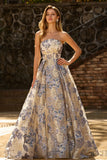 Strapless Dusty Blue Corset A Line Floral Brocade Long Ball Dress with Slit