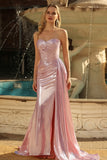 Metallic Strapless Pink Mermaid Pleated Sheer Corset Long Prom Dress with Slit