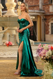 Strapless Metallic Dark Green Mermaid Corset Long Prom Dress with Slit
