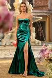 Strapless Metallic Dark Green Mermaid Corset Long Prom Dress with Slit
