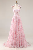 Sparkly Pink A-Line Floral Sequins Long Prom Dress with Bows